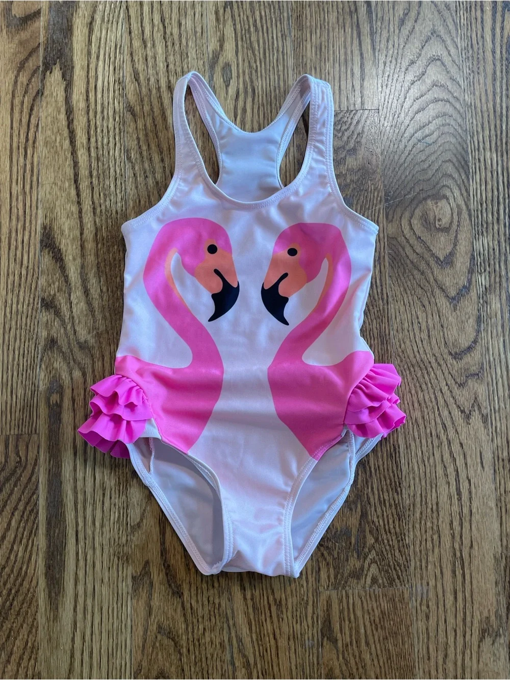 Qvete pink flamingo one-piece swimsuit with swim cap, size 8